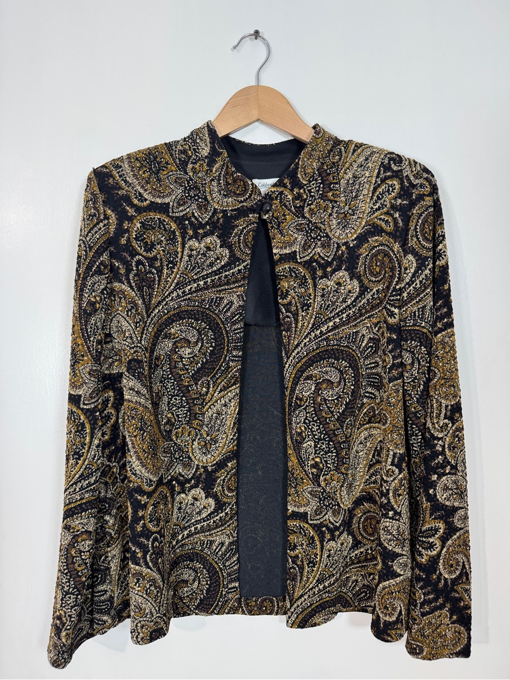 WJT59 {Coldwater Creek} Black Brown Beaded Paisley Floral Open Front Cardigan